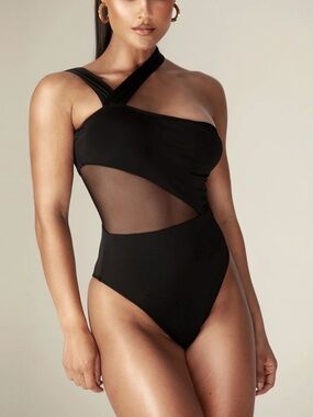 Alieva Black Skylar Prune Mesh Cheeky One Piece Swimsuit Asymmetrical Women’s S